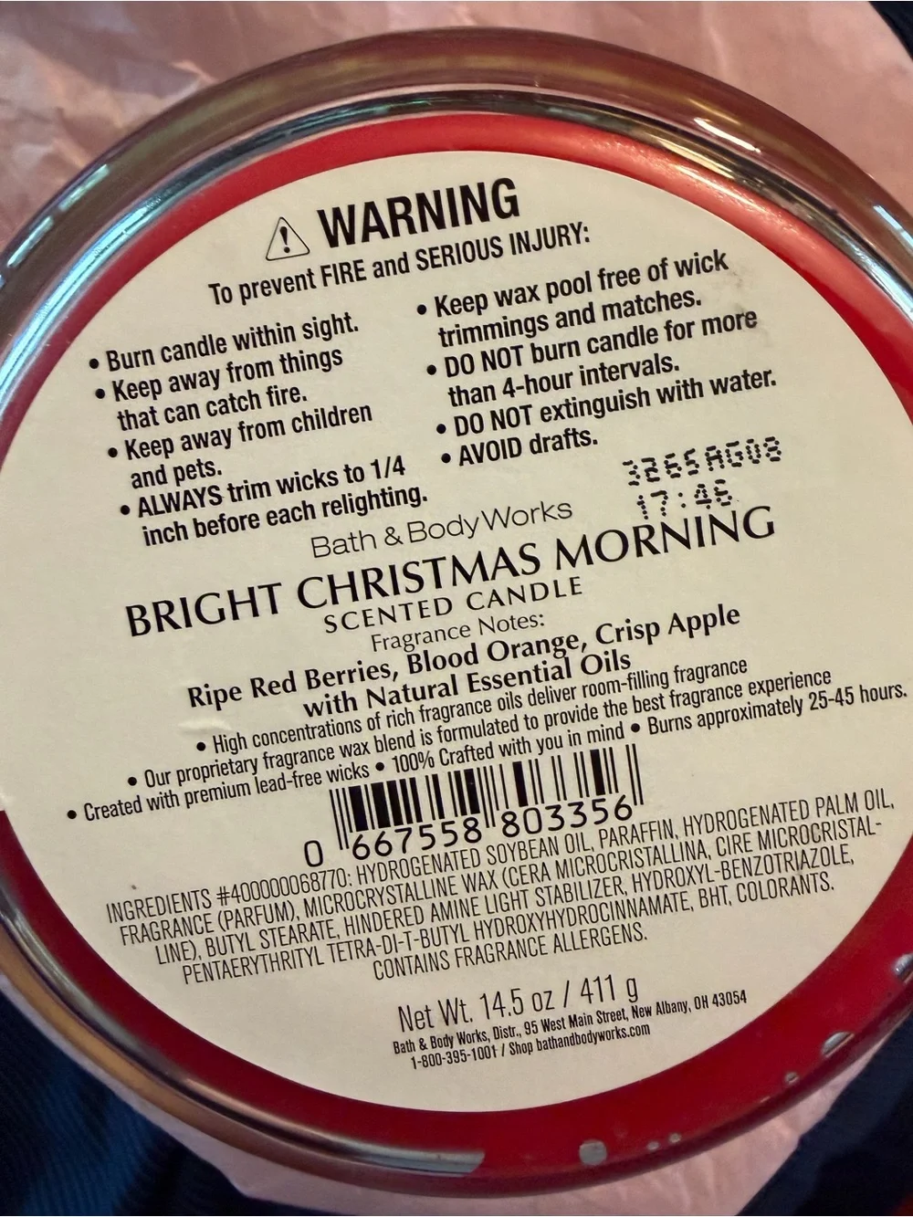 Bath & Body Works Bright Christmas Morning Scented Candle - Red, Gold, Pink